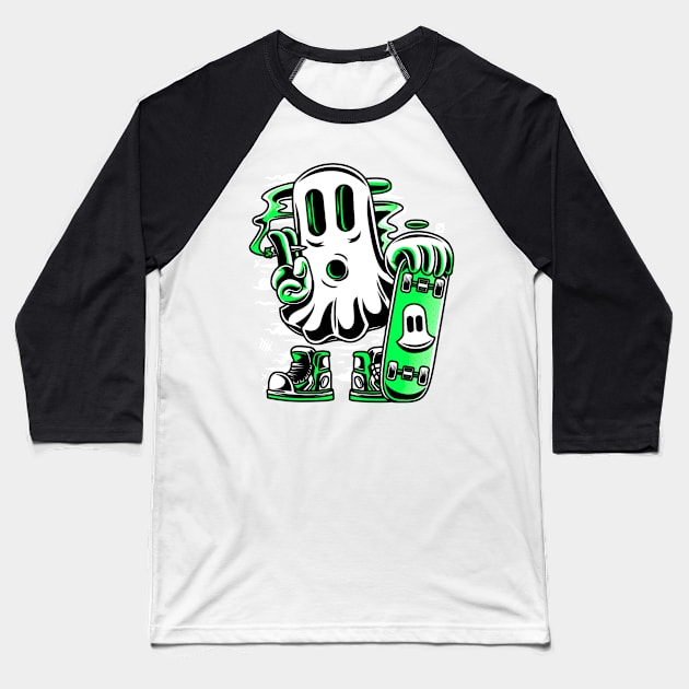 Skater Ghost Halloween Funny Green Baseball T-Shirt by Ken Adams Store